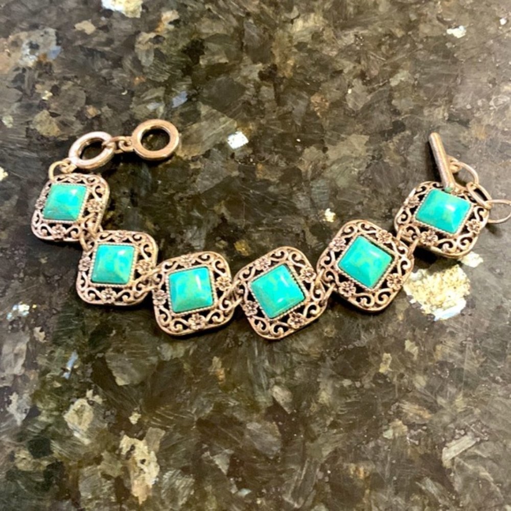 Chunky Silver tone link bracelet with turquoise inserts